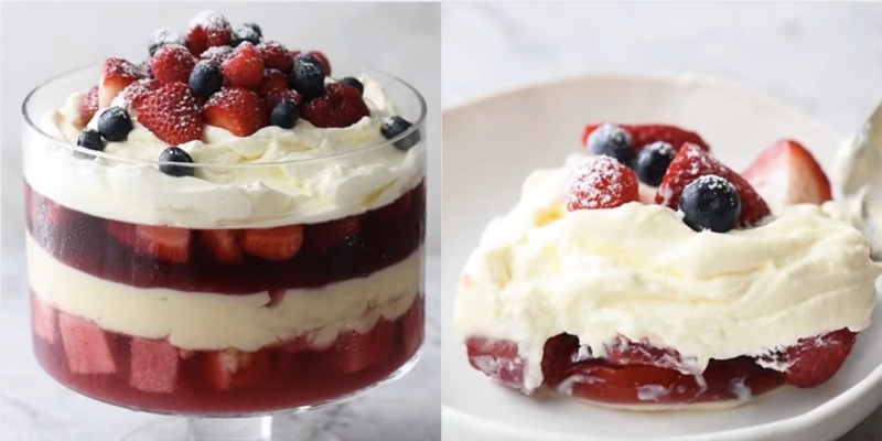 Ly trifle hoàn chỉnh với kem, thạch và trái cây tươi nhiều tầng