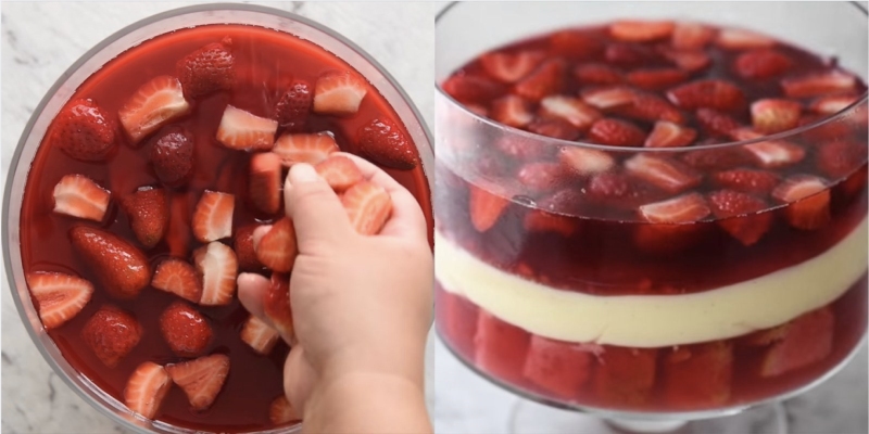 Xếp dâu tây vào lớp thạch đỏ để tạo tầng Trifle hấp dẫn