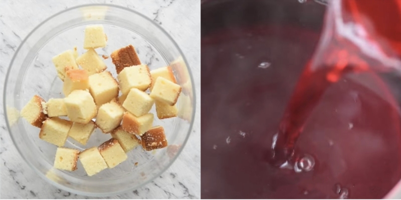 Bánh bông lan cắt khối và hỗn hợp thạch đỏ chuẩn bị làm Trifle