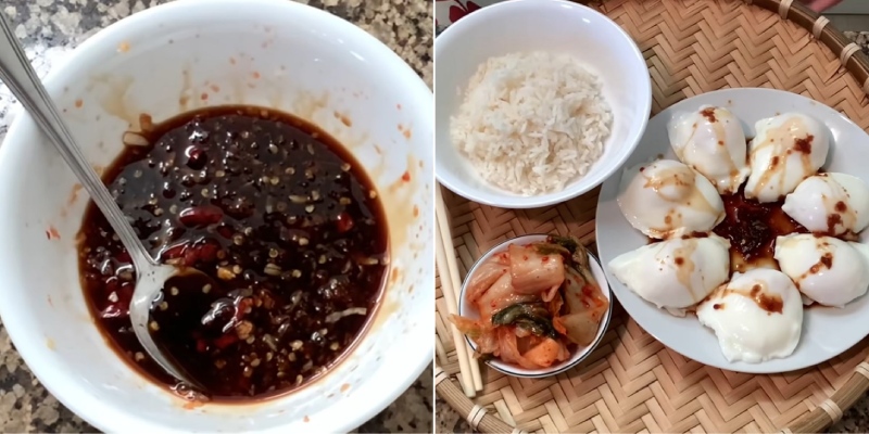 trứng chần ăn cùng nước sốt xì dầu