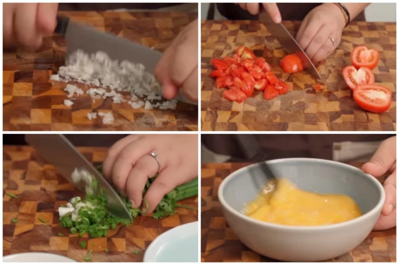 Sơ chế hành, cà chua, hành lá và đánh trứng