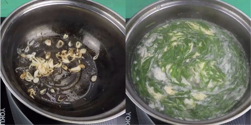 Phi hành thơm và nấu canh hẹ trứng trên bếp nóng