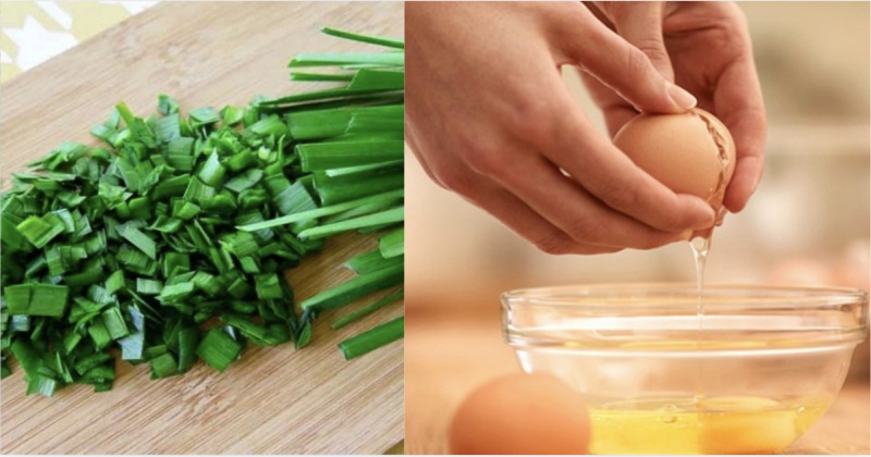 Hẹ cắt nhỏ và trứng gà tươi chuẩn bị cho món canh hẹ trứng