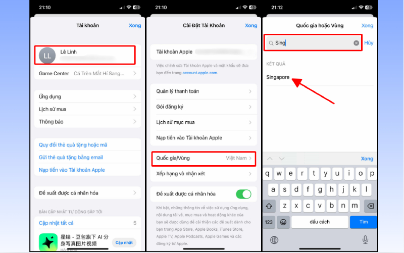 Vào phần Quốc gia hoặc Vùng và chọn Singapore