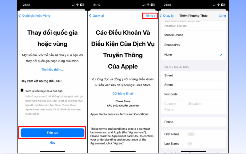 Xác nhận điều khoản và thay đổi quốc gia sang Singapore