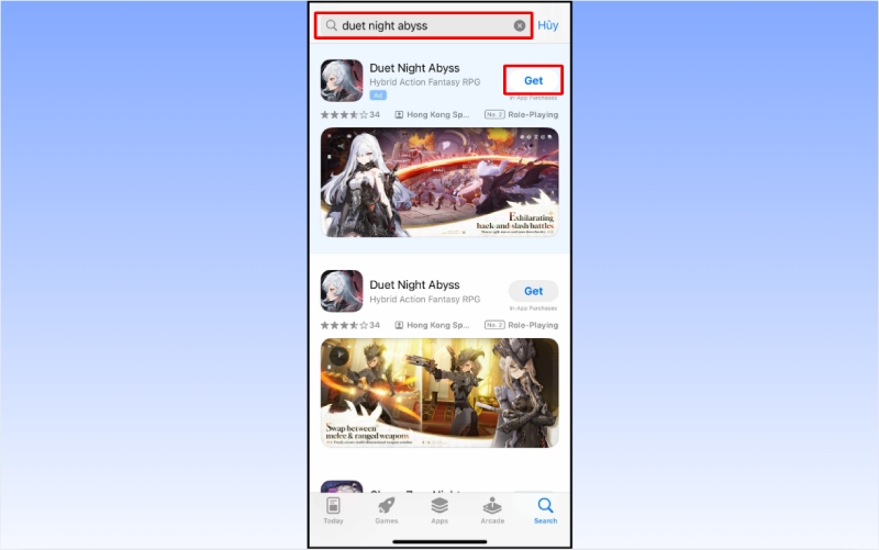 Tìm kiếm Duet Night Abyss và nhấn Get để tải game