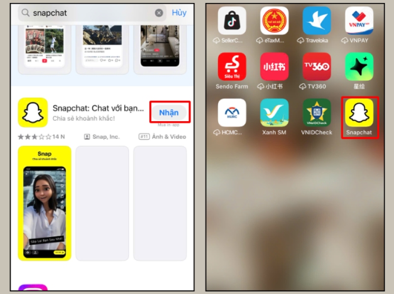 Cài đặt ứng dụng Snapchat và biểu tượng xuất hiện trên màn hình chính