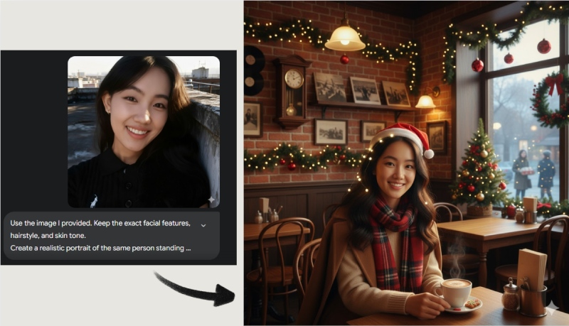 Tạo ảnh Giáng Sinh trong quán cà phê ấm cúng trang trí đèn Noel