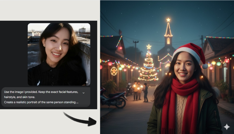 Tạo ảnh Giáng Sinh tại con phố làng quê trang trí đèn Noel