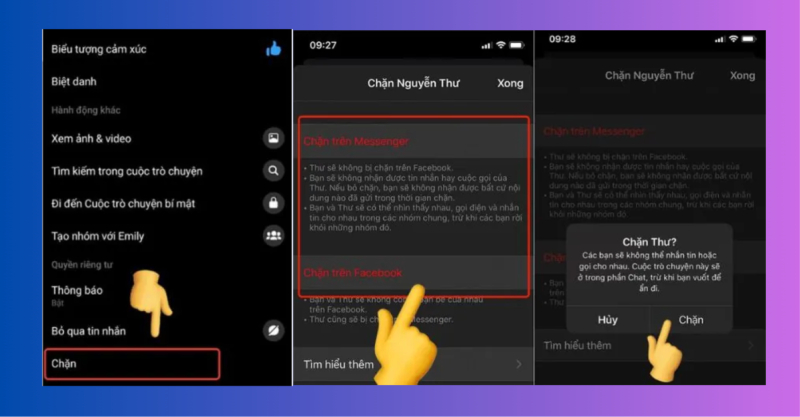 Thao tác chặn người dùng trên Messenger và Facebook