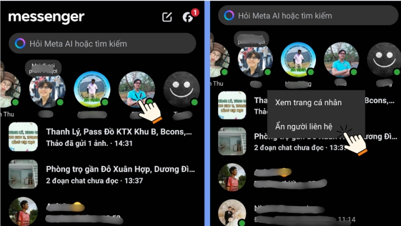 Thao tác ẩn hoặc xem trang cá nhân trên Messenger