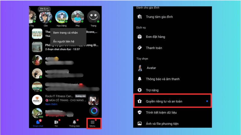Vào mục Menu và chọn Quyền riêng tư và an toàn trên Messenger