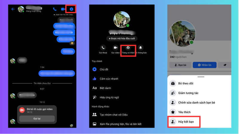 Các bước hủy kết bạn hoặc truy cập trang cá nhân trên Messenger