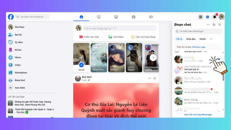 Giao diện Facebook web hiển thị danh sách chat Messenger