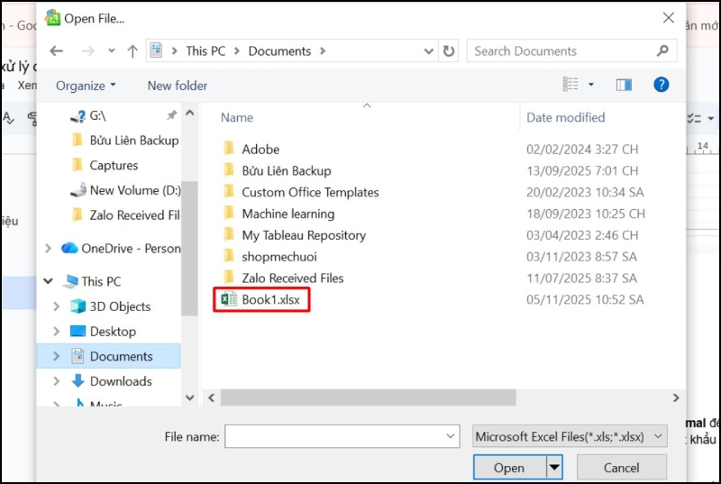 Chọn file Excel và nhấn Open
