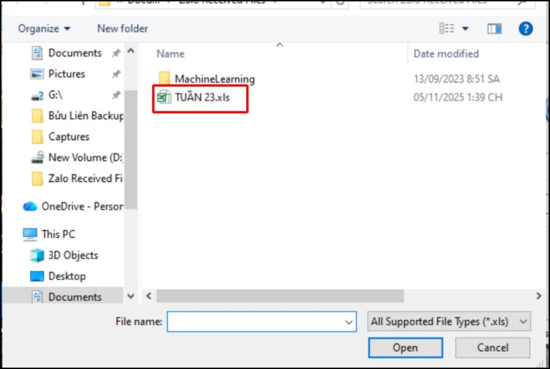 Chọn file Excel bạn muốn khôi phục và nhấn Open