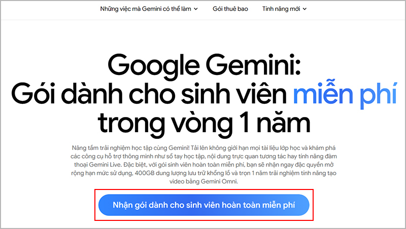Nhấn vào nút "Nhận gói dành cho sinh viên hoàn toàn miễn phí”