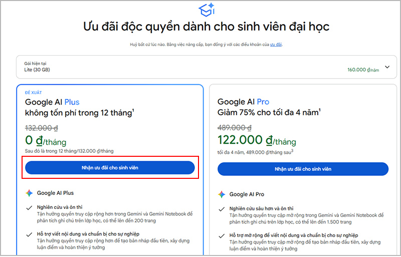 Chọn vào “Nhận ưu đãi cho sinh viên” tại phần Gemini Plus