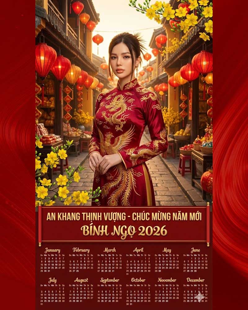 Prompt tạo lịch Tết sang trọng, tông đỏ vàng dành cho bạn