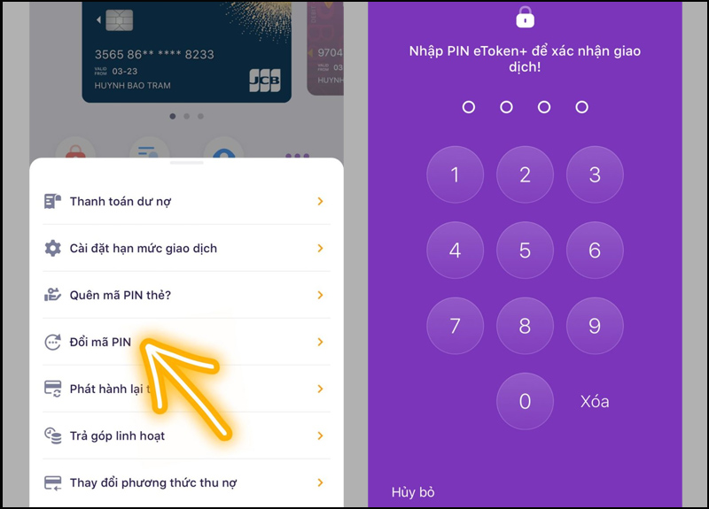Chọn Đổi mã pin, nhập mã xác thực eToken+