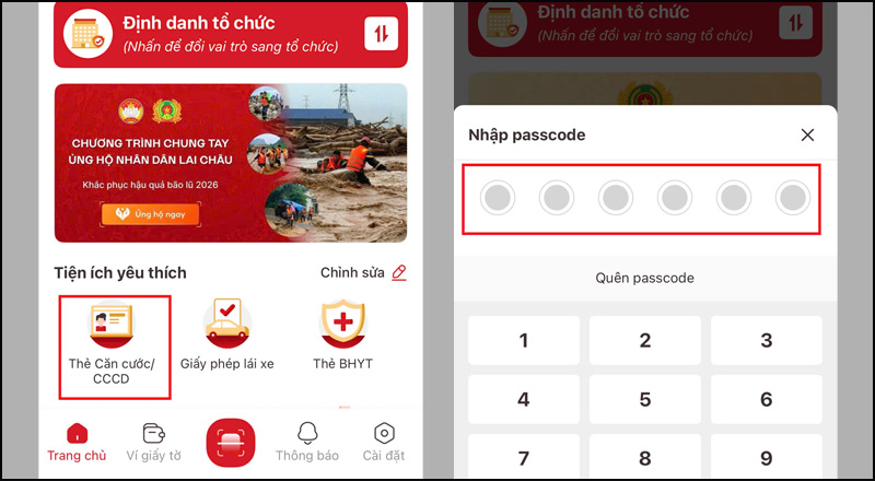 Nhấn chọn Thẻ Căn cước/CCCD để truy cập thông tin CCCD