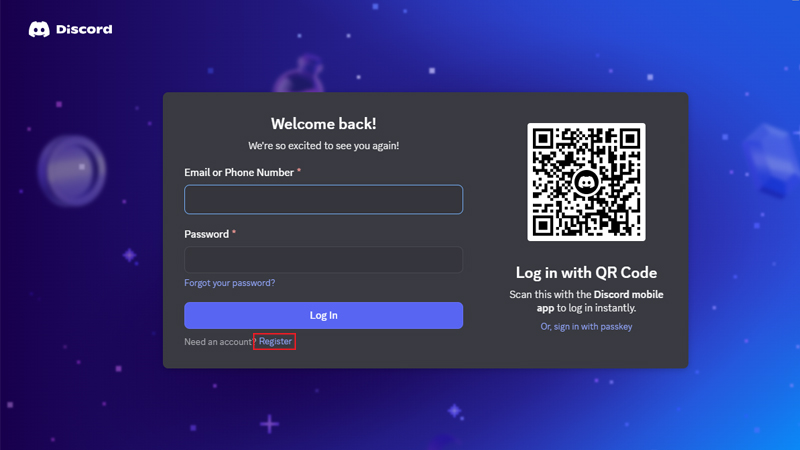 Mở Discord vừa tải và chọn Đăng ký