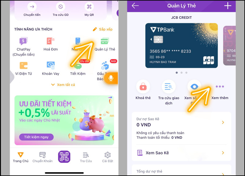 Nhấn vào mục Quản lý thẻ, chọn Xem thêm