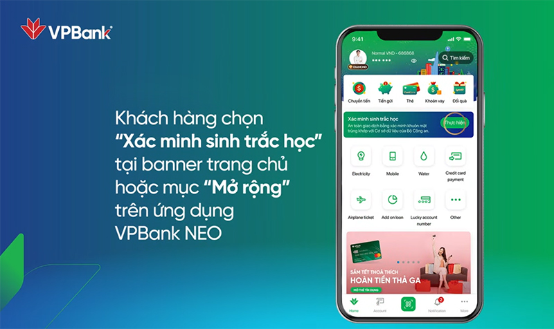 Cập nhật sinh trắc học VPBank trên app VPBank NEO bước 1