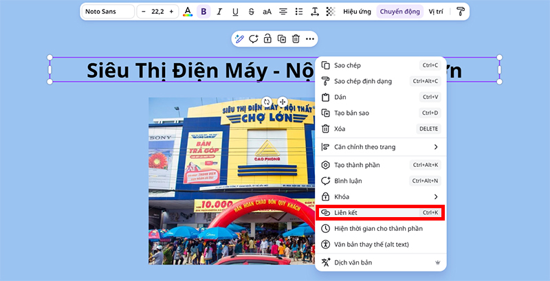 Nhấn chuột phải và chọn “Liên kết” (Link)