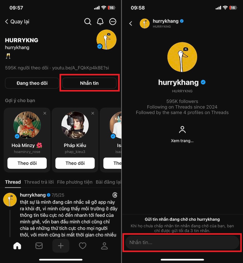 Nhắn tin Threads trực tiếp từ hồ sơ cá nhân