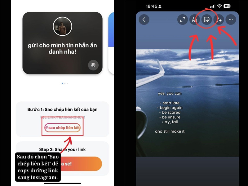 Sao chép liên kết, quay trở lại Instagram và dán vào tin