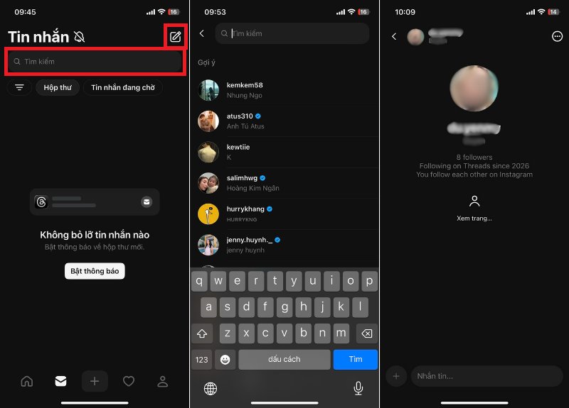 Nhập tên người dùng bạn muốn nhắn tin trên Threads