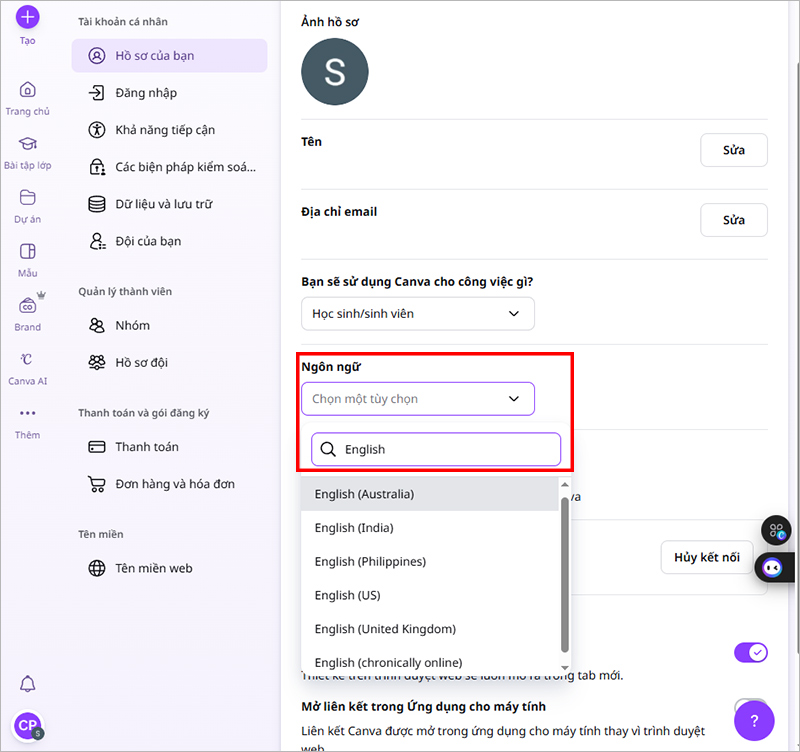 Tìm phần ngôn ngữ rồi lựa chọn ngôn ngữ thay đổi