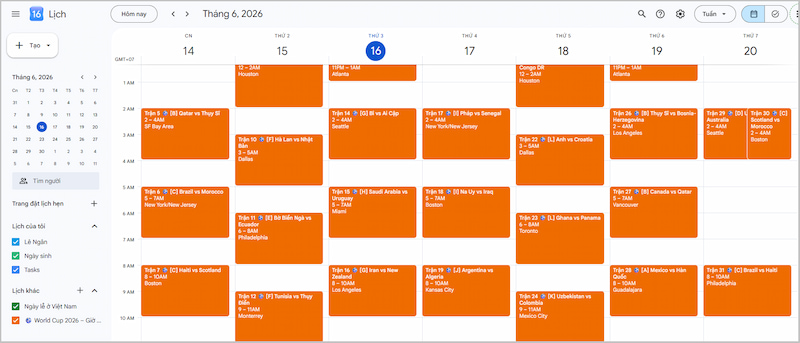 Lịch thi đấu World Cup 2026 trên Google Calendar máy tính