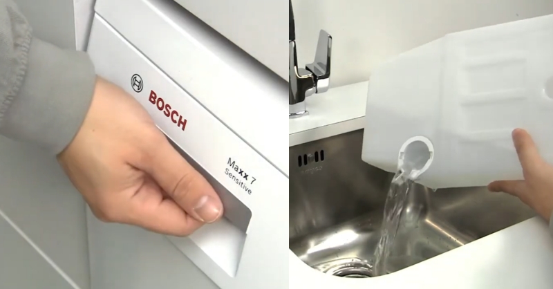 Kéo khay chứa nước ngưng tụ và đổ nước ra ngoài khi vệ sinh máy sấy Bosch