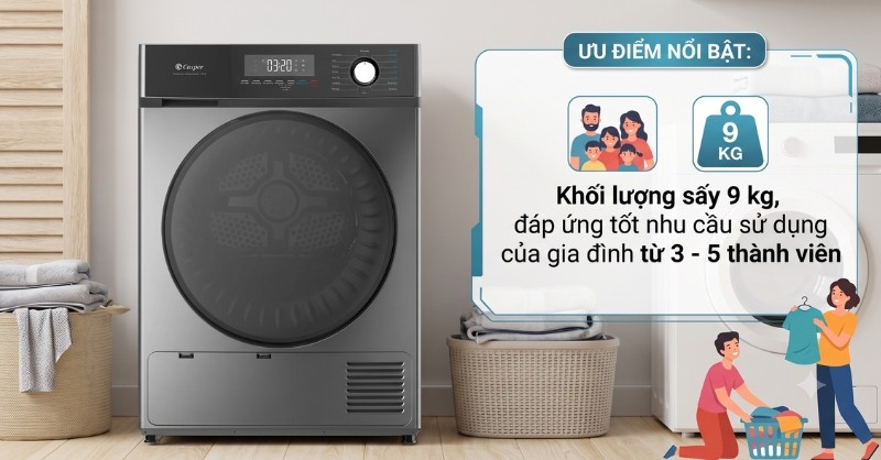 Máy sấy Casper 9kg phù hợp cho gia đình 3-5 người