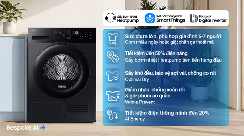 Máy sấy DV90CGC2A0ABSV hỗ trợ sấy khô quần áo nhanh chóng