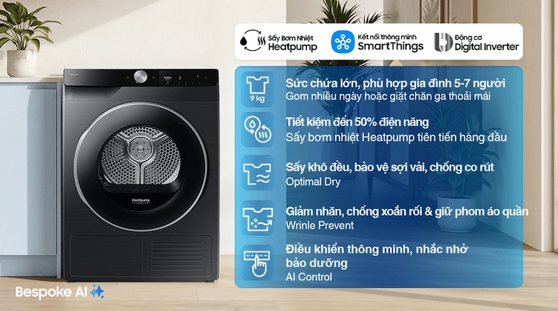 Máy Sấy Samsung DV90T6240LB/SV thiết kế cửa trước hiện đại