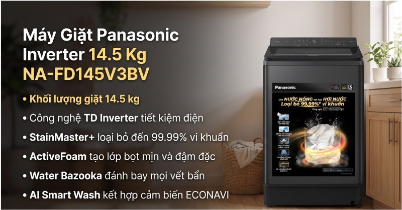 Máy giặt Panasonic cửa trên 14.5 kg NA-FD145V3BV thiết kế sang trọng, cảm biến ECONAVI