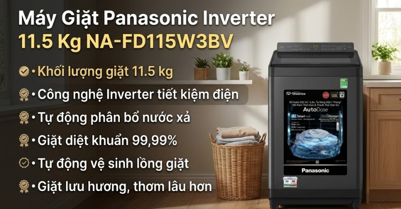 Review máy giặt Panasonic Inverter 11.5 kg NA-FD115W3BV giặt diệt khuẩn nước nóng StainMaster+