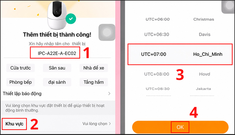 Nhập tên cho camera để dễ quản lý, chọn múi giờ