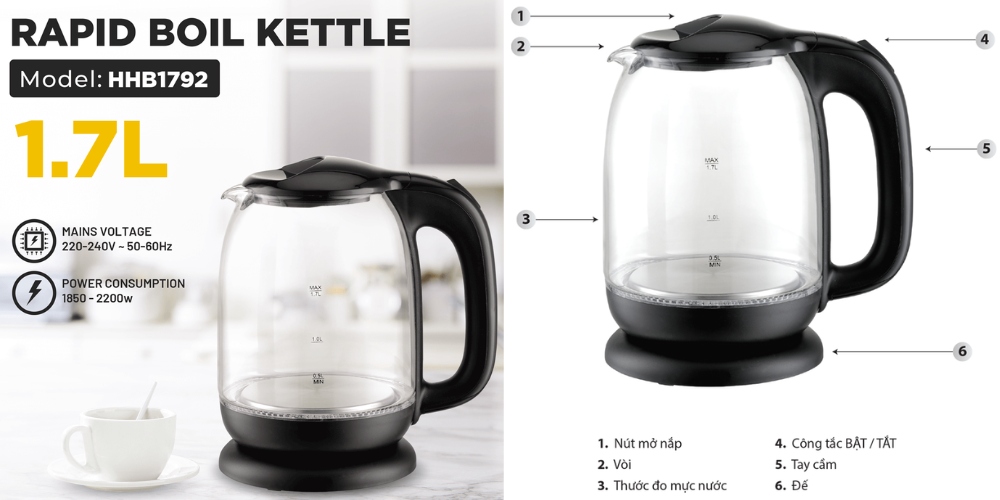 Bình Đun Siêu Tốc Thủy Tinh Simplehome HHB1792 1.7 Lít mang lại trải nghiệm sử dụng thuận tiện