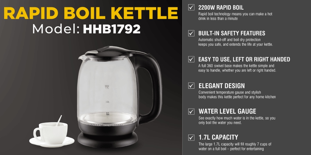 Bình Đun Siêu Tốc Thủy Tinh Simplehome HHB1792 1.7 Lít với công suất 1850 - 2200W