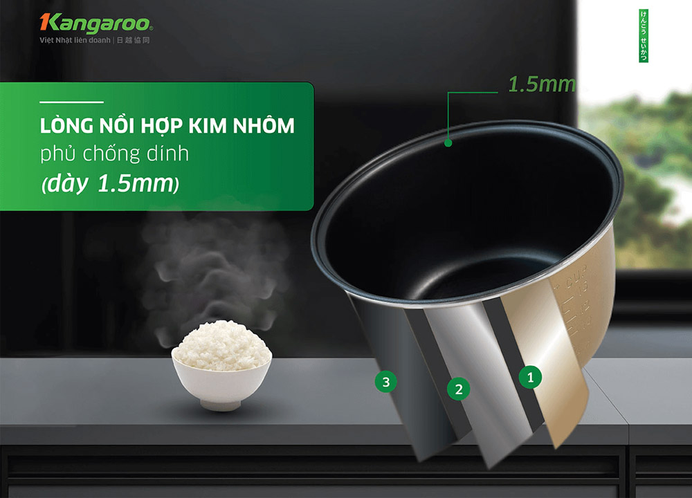 Nồi Cơm Điện Kangaroo KGRC18M3 trang bị lòng nồi hợp kim nhôm