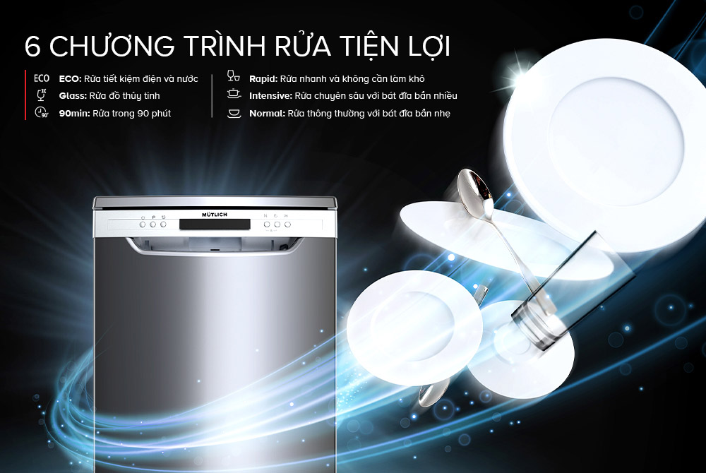 6 chương trình rửa tiện lợi của Máy Rửa Bát Mutlich MSM6814I