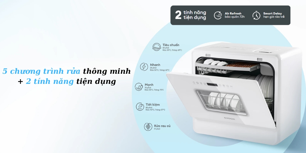 Máy rửa chén bát để bàn Kochi C500 có 5 chương trình rửa và 2 tính năng