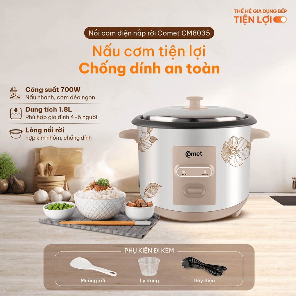 Nồi Cơm Điện Comet CM8035 1.8 Lít có kiểu dáng nhỏ gọn
