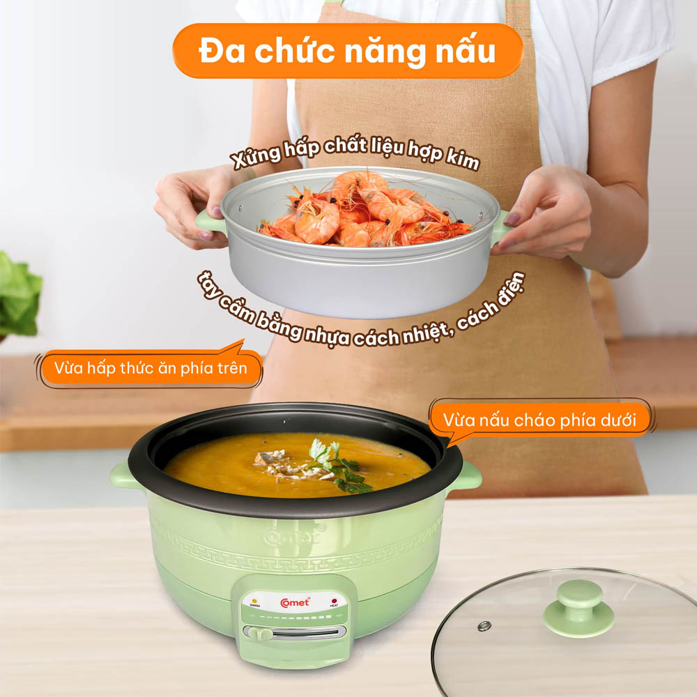 Nồi Lẩu Điện Comet CM7739 đi kèm xửng hấp tiện dụng