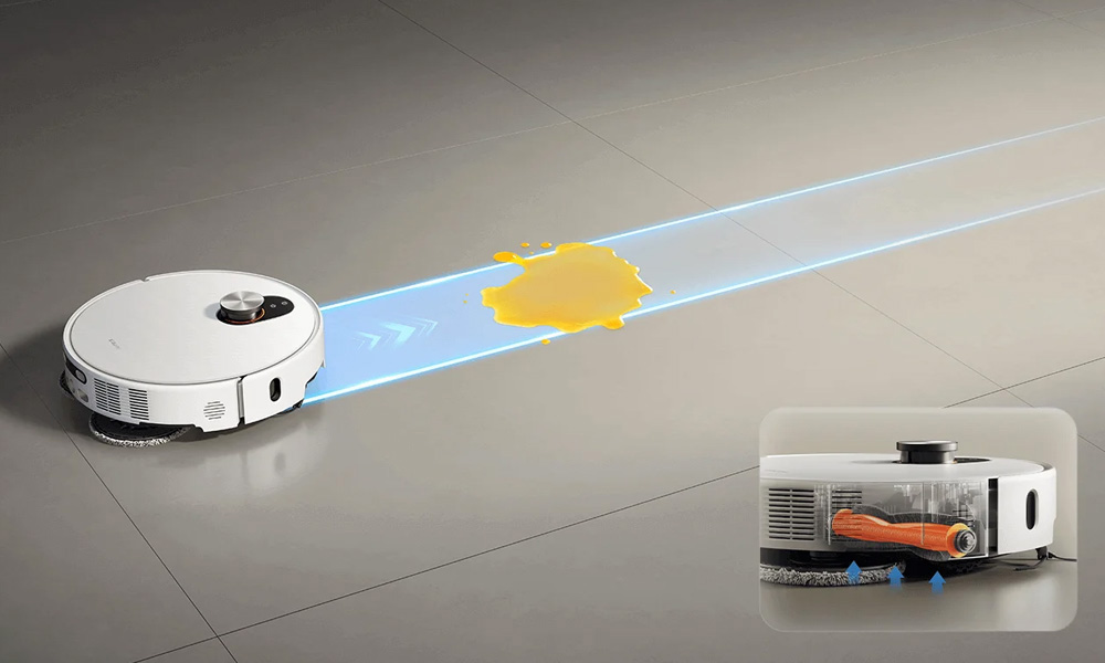 Khi gặp chất bẩn lỏng, robot ngừng hút bụi và chuyển sang chế độ lau sàn