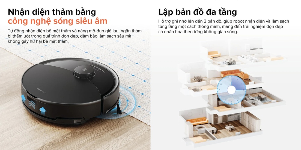 Robot Q10VF nhận diện thảm bằng sóng siêu âm và lập bản đồ đa tầng